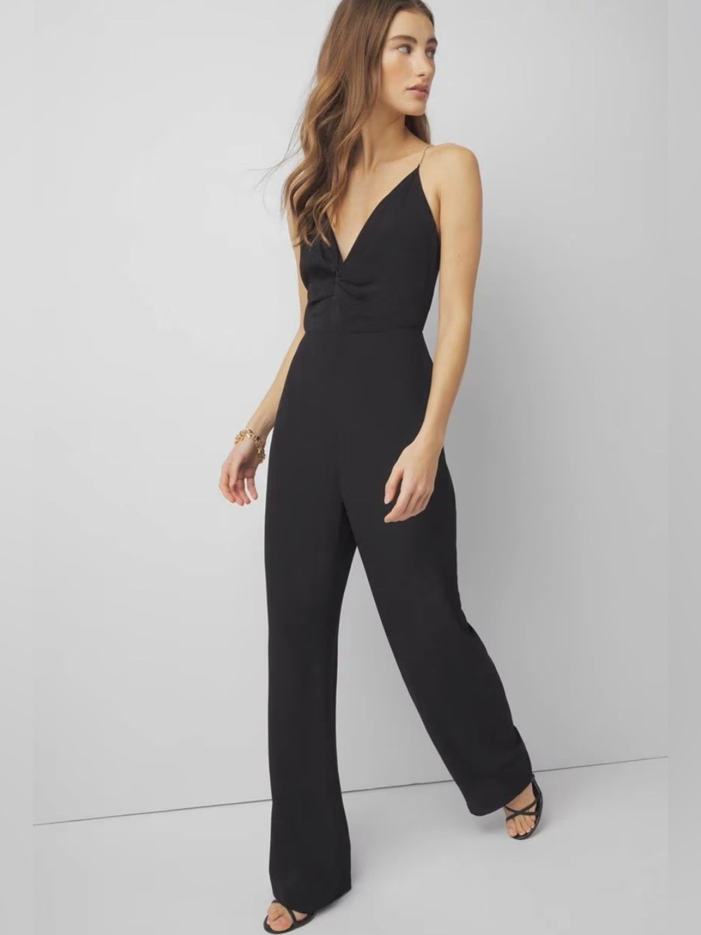 White House Black Market BROWN Wide-Leg Jumpsuit with gold chain Straps size 8